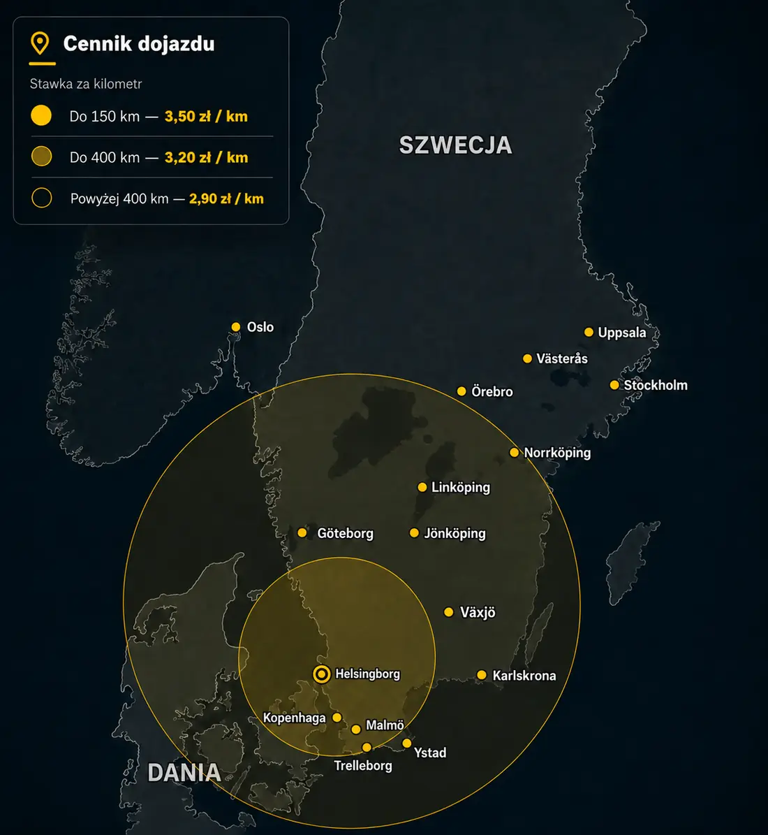 Mapa stawek dojazdu mobilnego serwisu TIR z bazą w rejonie Helsingborga